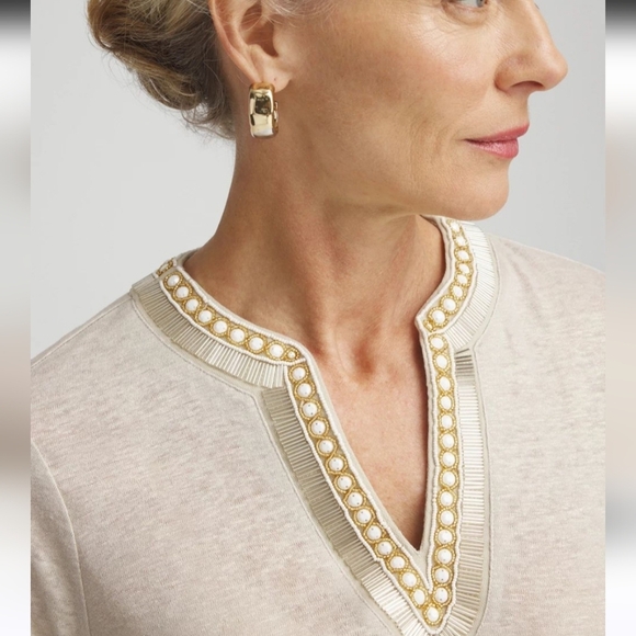 Chico's Cream Embellished Tunic with 3/4 Sleeves - Picture 3 of 5